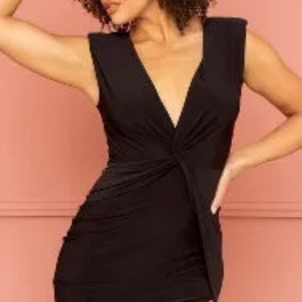 Deep V-Neck Mini Black Dress – Sleeveless with Shoulder Pads, Shirred Hem